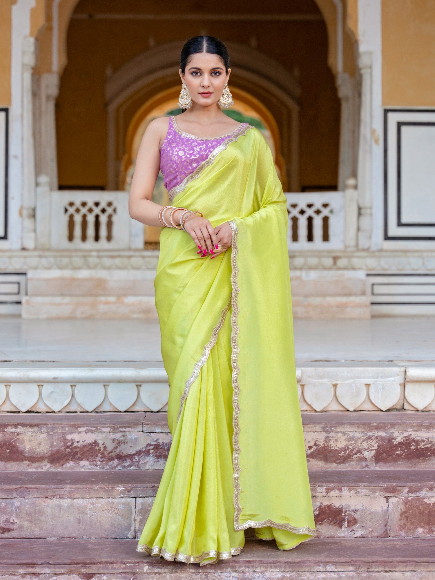 Lime Green Viscose Tissue Saree